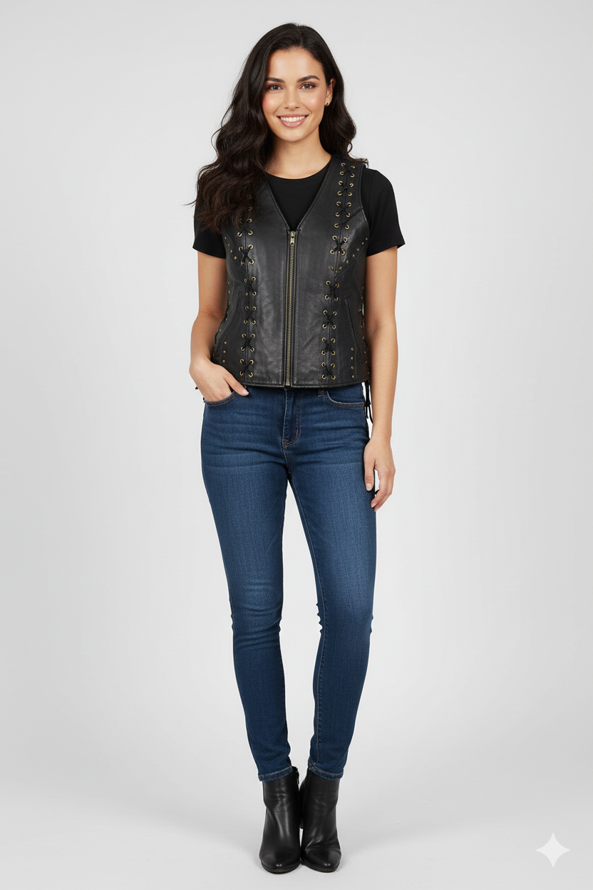 Women's black leather moto vest with a visible black shearling lining, asymmetrical zipper, and wide collar.